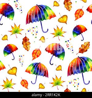Modèle sans couture aquarelle avec des parapluies arc-en-ciel et des feuilles d'automne. Banque D'Images