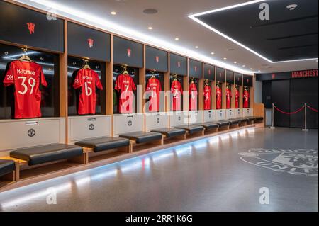 Le dressing de Manchester United au stade Old Trafford à Manchester, Royaume-Uni Banque D'Images
