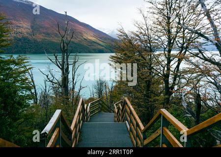 Paysage pittoresque d'escaliers métalliques colorés dans la forêt menant au lac entouré de montagnes et d'arbres à Perito Moreno Argentine Banque D'Images