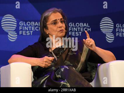 Mumbai, Inde. 05 septembre 2023. Madhabi Puri Buch, présidente du Security and Exchange Board of India (SEBI), prend la parole lors du Global Fintech Fest (GFF) à Mumbai. Le Global Fintech Fest (GFF) se tiendra du 5 au 7 septembre 2023 à Mumbai. Crédit : SOPA Images Limited/Alamy Live News Banque D'Images