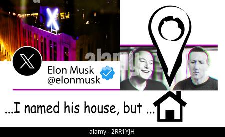 Collage de la page Twitter officielle d'Elon Musk et de son tweet daté du 6 septembre 2023. Banque D'Images