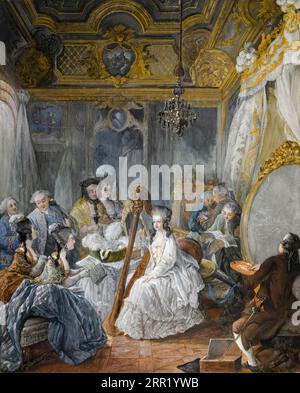 L'artiste interprète Marie-Antoinette, reine de France (1755-1793), jouant de la harpe dans sa chambre, peinture à la gouache de Jean-Baptiste André Gautier-Dagoty, vers 1775 Banque D'Images