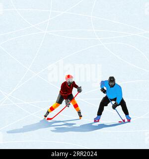 Deux hommes compétitifs, joueurs de hockey professionnels en mouvement pendant le match sur fond bleu clair. Collage d'art contemporain. Banque D'Images