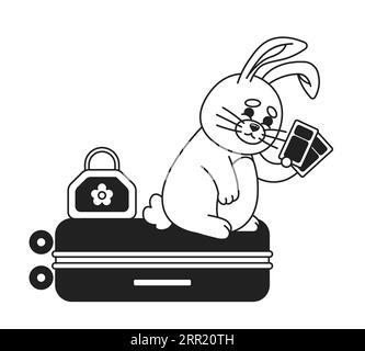 Mignon voyageur de lapin assis sur le caractère vectoriel plat monochromatique de bagage Illustration de Vecteur