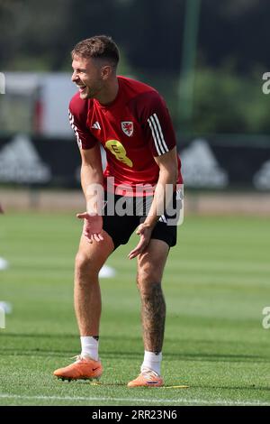 Cardiff, Royaume-Uni. 06 septembre 2023. Aaron Ramsey du pays de Galles réagit lors de l'entraînement de l'équipe de football du pays de Galles à Hensol, Vale of Glamorgan, dans le sud du pays de Galles, le mercredi 6 septembre 2023. photo par Andrew Orchard/Andrew Orchard photographie sportive/Alamy Live News crédit : Andrew Orchard photographie sportive/Alamy Live News Banque D'Images