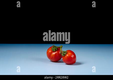 Deux tomates fraîches sur fond bleu, fond noir, salle de copie Banque D'Images