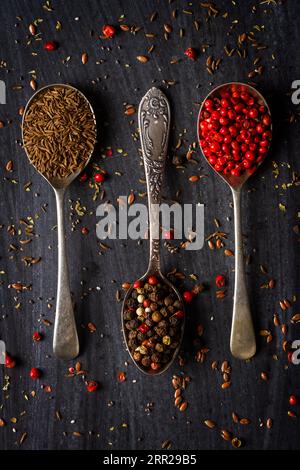 Vieilles cuillères avec du carvi, du poivre rouge et mélangé sur fond noir. Pose à plat. Vue de dessus. Concept alimentaire. Photographie culinaire d'ambiance sombre. Banque D'Images
