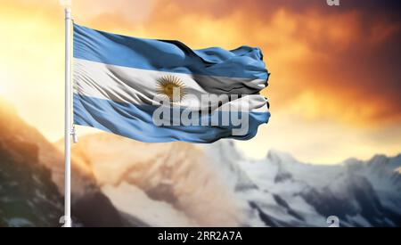 Drapeau de l'Argentine sur un mât contre un ciel coloré Banque D'Images