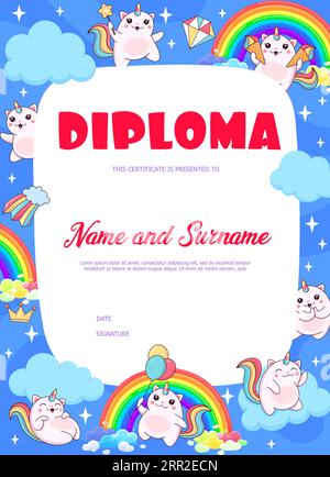 Diplôme d'enfants avec chat de caticorne et chaton personnages mignons sur arc-en-ciel. Certificat de réussite pour enfants, prix vectoriel gagnant du concours ou modèle de diplôme avec personnage magique de chaton ou de caticorne de fée Illustration de Vecteur