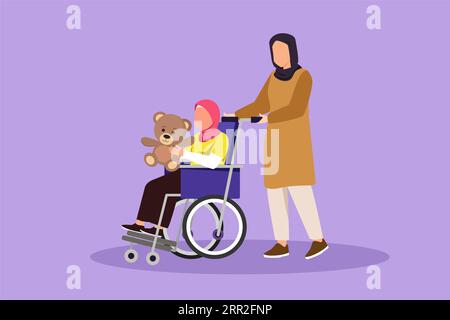 Personnage plat dessin mère arabe avec belle fille handicapée en fauteuil roulant est venu pour examen à l'hôpital clinique. Maman aide mignon enfant Wit Banque D'Images