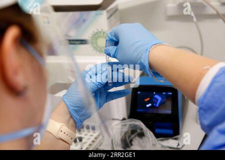 201012 -- PETAH TIKVA, 12 octobre 2020 -- Un agent de santé utilise une machine de test rapide du coronavirus Sofia au centre des services de santé Clalit dans la ville israélienne de Petah Tikva, le 11 octobre 2020. Photo de /Xinhua ISRAEL-PETAH TIKVA-FAST COVID-19 TEST GilxCohenxMagen PUBLICATIONxNOTxINxCHN Banque D'Images