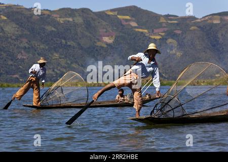 Rameurs à jambes sur le lac Inle, État de Shan, Myanmar, Birmanie Banque D'Images