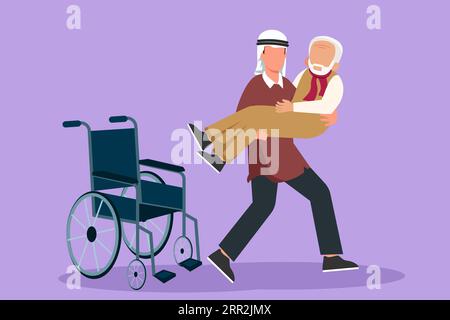 Dessin de style plat de dessin animé d'un fils arabe aimant a pris son vieux père handicapé de fauteuil roulant le portant dans ses bras. Heureux homme senior dans les câlins de salut Banque D'Images