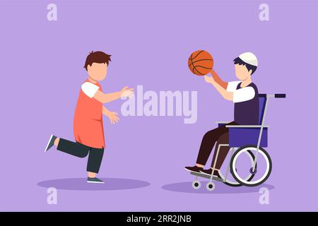 Design plat graphique dessinant le style de vie heureux des personnes handicapées concept. Petit garçon arabe en fauteuil roulant jouant au ballon avec un ami masculin en plein air vivant ac Banque D'Images