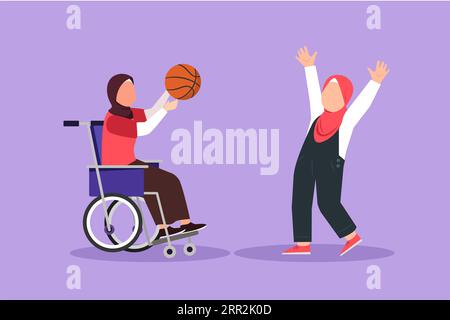 Design plat graphique dessinant des personnes handicapées heureuses jouant au basket-ball. Petite fille arabe en fauteuil roulant jouant au ballon avec une amie en plein air vivant un Banque D'Images