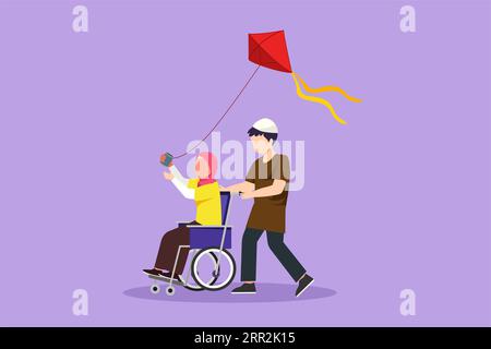 Dessin de style plat de dessin animé enfant handicapé heureux jouant ensemble. Garçon arabe actif poussant la petite fille en chaise roulante avec cerf-volant volant. Désactivé HAS Banque D'Images