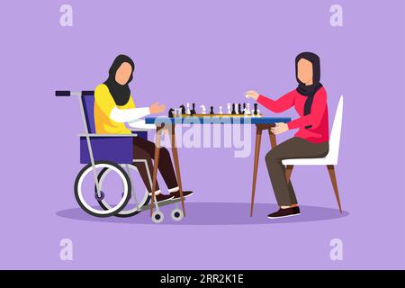 Dessin de style plat de dessin animé jeune femme arabe handicapée en fauteuil roulant joue aux échecs avec un ami. Les gens sur l'adaptation sociale, hobby, tolérance, accessibili Banque D'Images