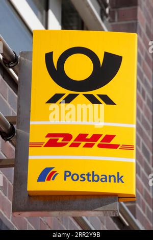 Logo DHL, Postbank, Deutsche Post, Posthorn, Allemagne Banque D'Images