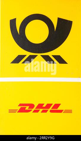 Logo DHL, Deutsche Post, post Horn, Allemagne Banque D'Images