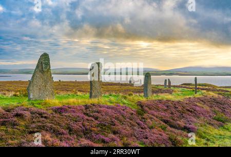 Lumière matinale à Ring of Brodgar henge néolithique et cercle de pierre à West Mainland, îles Orcades, Écosse, Royaume-Uni. Banque D'Images