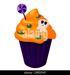 Cupcake Halloween avec crâne, bonbons et glaçage orange. Style dessin animé. Joyeux halloween, bonbons effrayants. Illustration vectorielle isolée sur blanc a Illustration de Vecteur