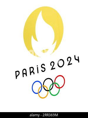 MONTIGNY-LE-BRETONNEUX - logo des Jeux Olympiques de Paris 2024 sur le Vélodrome de Saint-Quentin-en-Yvelines (Vélodrome National) lors de la tournée des journalistes en vue des Jeux Olympiques de Paris 2024. ANP REMKO DE WAAL Banque D'Images