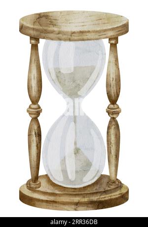 Sablier sur fond isolé blanc. Illustration à l'aquarelle de verre de sable antique. Clip art dessiné à la main d'une horloge de sable vintage. Dessin de sablier rétro. Croquis de l'ancienne minuterie pour le compte à rebours. Banque D'Images