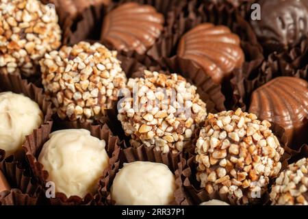 Chocolat à la truffe. Divers pralines au chocolat en vrac. gros plan Banque D'Images