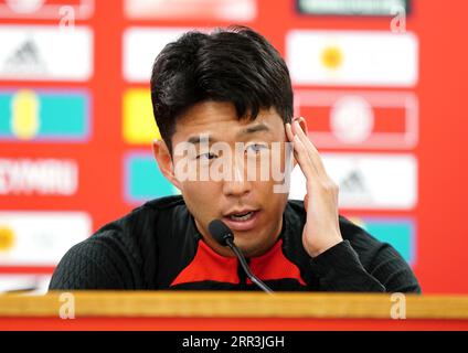 Son Heung-min de Corée du Sud lors d'une conférence de presse au Cardiff City Stadium, Cardiff. Date de la photo : mercredi 6 septembre 2023. Banque D'Images