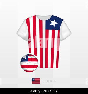 Uniforme de football de l'équipe nationale du Liberia avec ballon de football avec drapeau du Liberia. Maillot de football et ballon de soccerball avec drapeau. Modèle vectoriel. Illustration de Vecteur