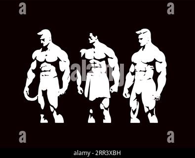 silhouettes de bodybuilders en lumière contrastée, modèle de logo, illustration vectorielle isolée. Illustration de Vecteur