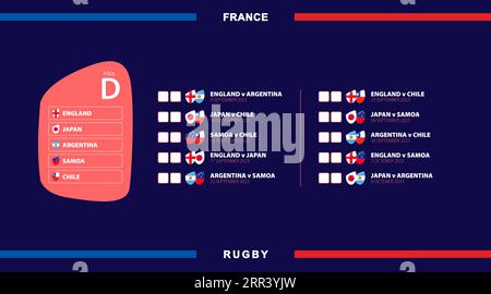 Tous les matches de rugby dans la poule C, drapeaux des participants aux compétitions internationales de rugby en France. Illustration vectorielle. Illustration de Vecteur