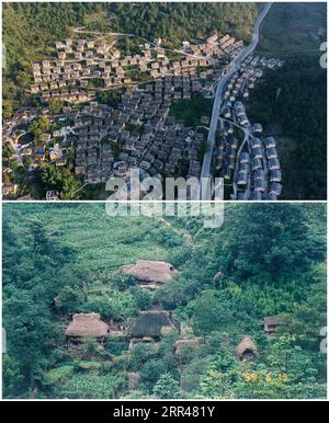 201124 -- GUIYANG, 24 novembre 2020 -- dans cette photo combinée, la photo aérienne supérieure prise par le 5 novembre 2019 montre la nouvelle zone de réinstallation pour les immigrants écologiques dans le canton de Yaoshan et la photo du fichier de la partie inférieure montre la vieille maison en chaume dans le canton de Yaoshan dans le comté de Libo, dans le sud-ouest de la Chine de la province de Guizhou. La Chine a réalisé l exploit de retirer tous les comtés restants de la liste de pauvreté du pays. Les neuf derniers comtés appauvris, tous dans la province du Guizhou du sud-ouest de la Chine, ont éliminé la pauvreté absolue, a annoncé lundi le gouvernement provincial. Cela signifie que tous les 832 sont enregistrés Banque D'Images