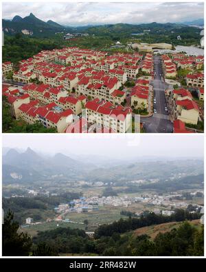 201124 -- GUIYANG, 24 novembre 2020 -- dans cette photo combinée, la partie supérieure montre la vue aérienne du nouveau look du village de Hanglong prise le 24 juillet 2019 et la photo du fichier inférieur montre son look précédent, dans le comté de Pingtang, dans la province du Guizhou du sud-ouest de la Chine. La Chine a réalisé l exploit de retirer tous les comtés restants de la liste de pauvreté du pays. Les neuf derniers comtés appauvris, tous dans la province du Guizhou du sud-ouest de la Chine, ont éliminé la pauvreté absolue, a annoncé lundi le gouvernement provincial. Cela signifie que les 832 comtés pauvres enregistrés en Chine ont tous ébranlé la pauvreté. MENTON Banque D'Images