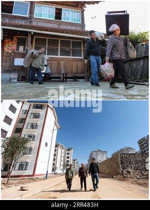 201124 -- GUIYANG, 24 novembre 2020 -- sur cette photo combinée, la partie supérieure montre Yang Hailin C quittant son ancienne maison avec son père Yang Changru L et sa mère Jiang Jianyuan dans le village de Dajia le 30 octobre 2019, et la partie inférieure montre qu'ils déménagent dans la zone de réinstallation dans le comté de Liping, dans la province du Guizhou du sud-ouest de la Chine, le 31 octobre 2019. La Chine a réalisé l exploit de retirer tous les comtés restants de la liste de pauvreté du pays. Les neuf derniers comtés appauvris, tous dans la province du Guizhou du sud-ouest de la Chine, ont éliminé la pauvreté absolue, a annoncé lundi le gouvernement provincial. Ce mea Banque D'Images