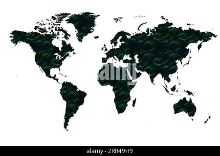 Carte du monde composée de divers arbres détaillés sur fond blanc Uni, y compris les ombres. Cette illustration 3D d'une forêt. Banque D'Images