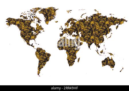 Carte du monde composée de divers arbres détaillés sur fond blanc Uni, y compris les ombres. Cette illustration 3D d'une forêt. Banque D'Images