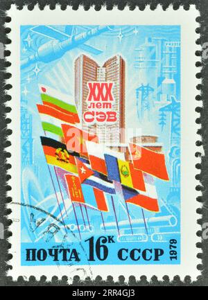 Timbre-poste annulé imprimé par l'URSS, qui célèbre le 30e anniversaire du Conseil d'aide économique mutuelle, vers 1979. Banque D'Images