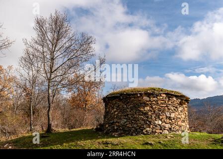 Cabane de bergers circulaires construite avec de la pierre d'ardoise dans la Sierra del Rincon à Madrid pendant l'automne. Banque D'Images