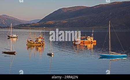 Ullapool, Highland, Écosse, Royaume-Uni. 6 septembre 2023. Soirée lumière chaude du soleil approchant le coucher du soleil, reflets sur le Loch Broom des différents bateaux de pêche et embarcations de plaisance. Température 21 degrés centigrades vers 7H. Crédit : Scottishcreative/alamy Live News. Banque D'Images