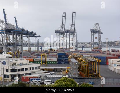 201210 -- AUCKLAND, le 10 décembre 2020 -- une photo prise le 8 octobre 2020 montre des conteneurs qui s'empilent dans les ports d'Auckland, en Nouvelle-Zélande. Les ports d'Auckland sont actuellement confrontés à une congestion énorme car les porte-conteneurs sont détournés vers les ports voisins pour assurer les ventes de Noël. Le temps d'attente moyen dans les ports d'Auckland est actuellement de huit jours et on voit des navires attendre en mer pour accéder aux ports. NOUVELLE-ZÉLANDE-AUCKLAND-PORT-CONGESTION GuoxLei PUBLICATIONxNOTxINxCHN Banque D'Images