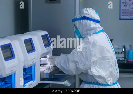 201210 -- CHENGDU, 10 décembre 2020 -- un membre du personnel médical traite des échantillons prélevés pour les tests COVID-19 dans un laboratoire de test d'acides nucléiques de l'hôpital de médecine traditionnelle chinoise du district de Pidu dans le district de Pidu de Chengdu, capitale de la province du Sichuan du sud-ouest de la Chine, 10 décembre 2020. Chengdu a signalé une augmentation nulle des nouveaux cas de COVID-19 transmis au niveau national et des cas asymptomatiques de 9 heures du mardi à 6 heures du mercredi, tandis que les tests d’acide nucléique dans toute la ville se poursuivent, ont déclaré les autorités locales. À l'hôpital de médecine traditionnelle chinoise du district de Pidu, le personnel médical a travaillé 2 Banque D'Images