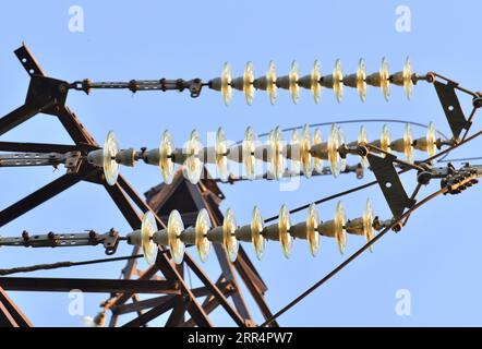 Tours aériennes de transmission d'énergie avec isolateurs de ligne de céramique et de verre Banque D'Images