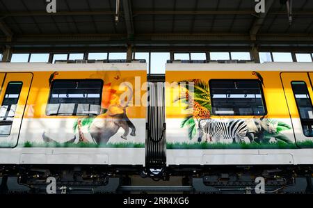 201215 -- CHANGCHUN, 15 décembre 2020 -- la photo prise le 15 décembre 2020 montre la peinture extérieure d'un nouveau type de train à lévitation magnétique à vitesse moyenne à basse terminé dans la ville de Changchun, dans la province de Jilin, dans le nord-est de la Chine. Le fabricant de trains chinois CRRC Changchun Railway Vehicles Co., Ltd. A déployé mardi un nouveau type de train à lévitation magnétique à vitesse moyenne à basse. Le train, avec une vitesse opérationnelle maximale de 120 km par heure, sera déployé sur une route touristique dans la ville de Qingyuan, dans la province du Guangdong du sud de la Chine, selon la société. POUR ALLER DE PAIR : la Chine développe de nouveaux mag à vitesse moyenne à basse Banque D'Images