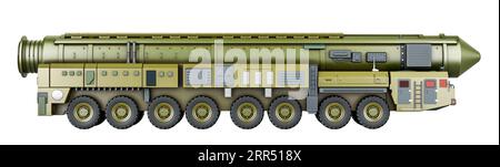 Missile Scud. Système de missile balistique mobile à courte portée, vue latérale. Rendu 3D isolé sur fond blanc Banque D'Images