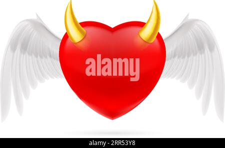 Coeur rouge avec ailes d'ange blanches et cornes d'or. Illustration de style dessin animé mignon. Symbole amour romantique. Carte de voeux St Valentin déco Illustration de Vecteur