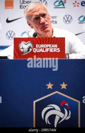 Didier DESCHAMPS de Francedurant la conférence de presse de l'équipe de France avant le match de football UEFA Euro 2024, qualification européenne entre la France et l'Irlande, le 6 septembre 2023 au Parc des Princes Stadium à Paris, France Banque D'Images