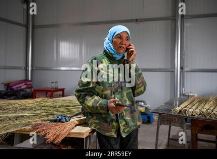 201228 -- YINCHUAN, 28 décembre 2020 -- Li Yaomei passe un appel téléphonique avec un client discutant des commandes dans le village de Longyuan du district de Hongsibao dans la ville de Wuzhong, dans la région autonome hui de Ningxia, au nord-ouest de la Chine, le 27 octobre 2020. Xihaigu, une région en grande partie montagneuse du centre-sud du Ningxia, a été autrefois infligée par une pauvreté profonde et a été désignée comme l'endroit le plus impropre à l'établissement humain par les Nations Unies dans les années 1970 en raison de la remise en état des terres, de la sécheresse et d'un environnement écologique fragile. Le 16 novembre 2020, Xihaigu a historiquement fait ses adieux à la pauvreté absolue, au cours de laquelle son pouvoir a joué un rôle d’indispensable Banque D'Images