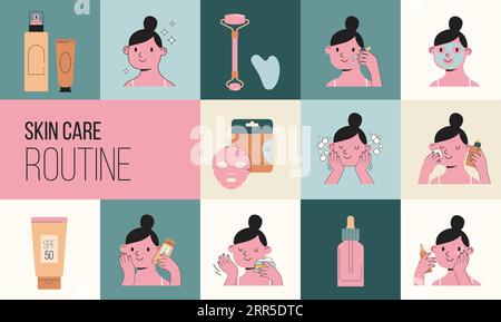 Illustrations de routine de soin de la peau avec des filles mignonnes. Crème, lotion, masque, crème pour les yeux et flacons de crème solaire Illustration de Vecteur