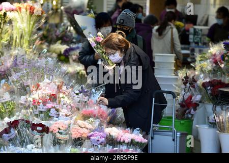 210112 -- HONG KONG, le 12 janvier 2021 -- les personnes portant des masques sélectionnent des fleurs à Mong Kok, Hong Kong, Chine méridionale, le 12 janvier 2021. Le Centre de protection de la santé de Hong Kong CHP a signalé mardi 60 cas confirmés supplémentaires de COVID-19, portant son total à 9 343. Les 60 nouveaux cas sont tous des infections locales, dont 13 d'origine inconnue. POUR ALLER AVEC Hong Kong rapporte 60 nouveaux cas de COVID-19, toutes les infections locales CHINE-HONG KONG-COVID-19-CAS CN LoxPingxFai PUBLICATIONxNOTxINxCHN Banque D'Images